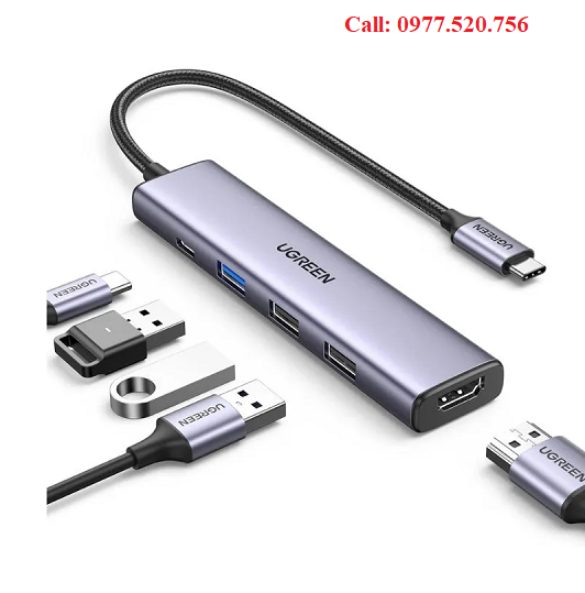 Bộ chuyển đổi USB Type-C 5 trong 1 ra HDMI 4K@30Hz, USB 2.0, USB 3.0, Sạc PD 100W Ugreen 15495